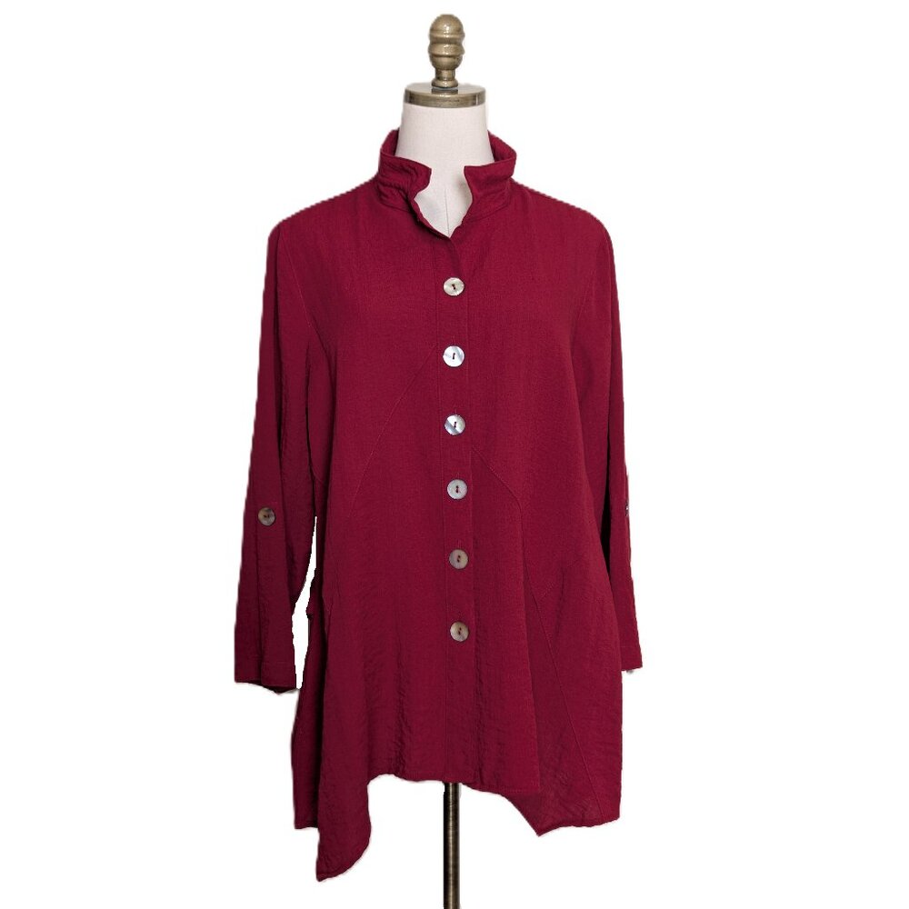 John Mark Button Up Tunic Wired Collar Size M Red Wine SharkBite Hem Relaxed Fit